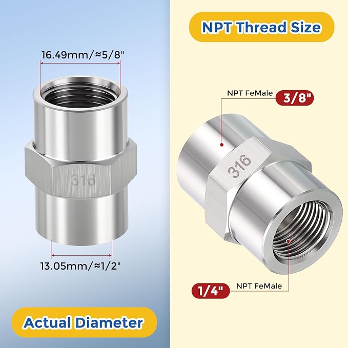5Pack 3/8" FeMale NPT to 1/4" FeMale NPT 316 Stainless Steel Coupling | 316 Stainless Steel Pipe Fittings, Coupler Hex Head Connector with Sealing Tape for Air, Oil, LP, Gas, Fuel, Water