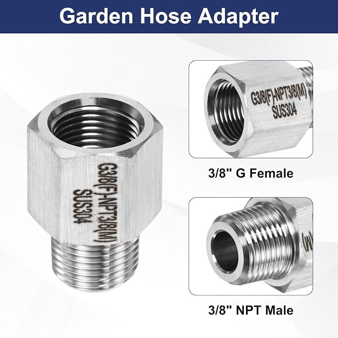 M METERXITY 2-Pack Garden Hose Adapter, Stainless Steel 3/8" g Female x 3/8" NPT Male Threaded Connector with Sealing Tape Garden Hose Convert Fitting for Pipe Fitting/Shower