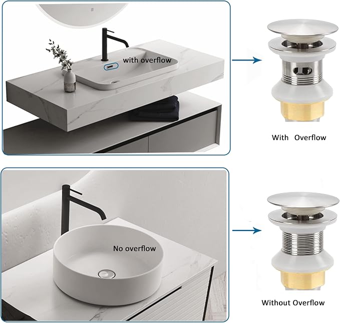 Rockgoya Bathroom Sink Drain,Drain Stopper Bathroom Sink Without Overflow,Pop Up Drain Assembly with Detachable Strainer Basket,Built-in Anti-Clogging Strainer,Stainless Steel Brushed Nickel