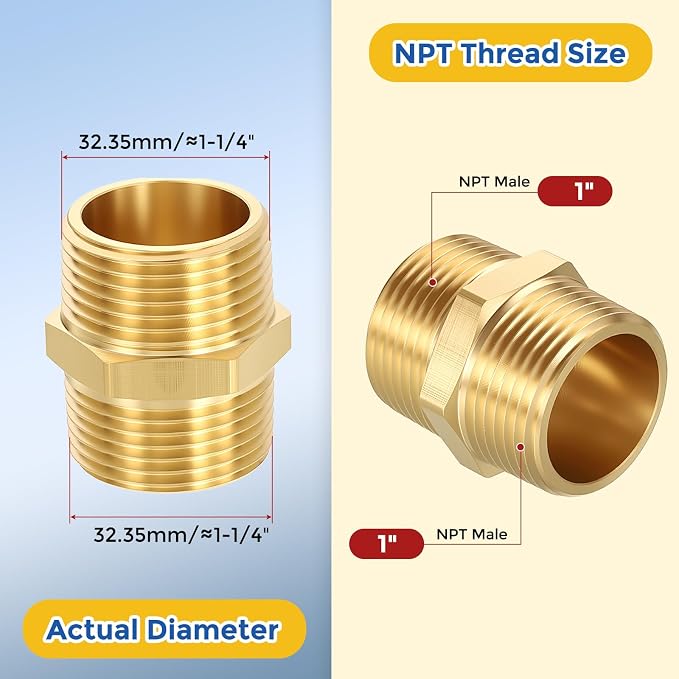 10 Pack Brass Pipe Fittings, 1" Male NPT to 1" Male NPT | Brass Hex Nipple, Male Pipe Adapter Reducer for Air, Oil, LP