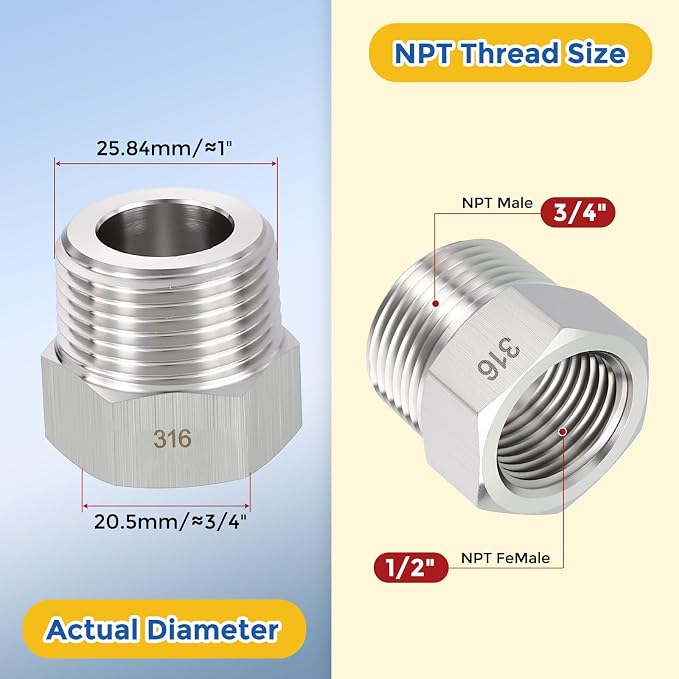 2 Pack SUS316 3/4" Male NPT to 1/2" FeMale NPT Hex Bushing Reducer | 316 Stainless Steel Pipe Fittings, Hose Tube Threaded Adapters with Sealing Tape for Air, Oil, LP, Gas, Fuel, Water