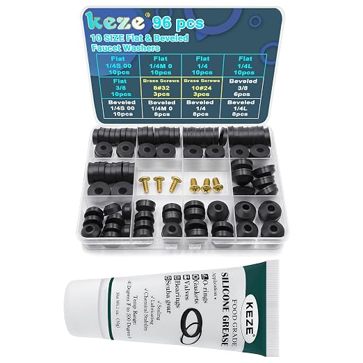KEZE 96 PCS 10 Size Faucet Washers Assorted Kit and 1 oz 1-Pack Silicone Grease for DIY Outdoor Faucets Stem Leak Worn Out Seal Repair
