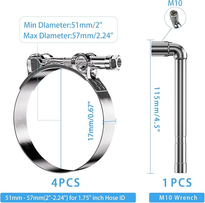 4 Pack 1.75 Inch T Bolt Hose Clamps Working Range 51-57mm for 1.75 Inch Hose ID, Stainless Steel Turbo Intake Intercooler Clamps