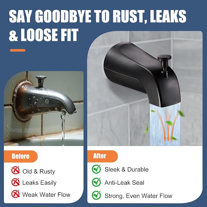 Tub Spout with Pull-Down Diverter, Leak Proof Slip Fit for 1/2" Copper Pipe | Smooth Diverter Switches Tub To Shower, Durable Metal, Repairs Leaks, Quick Filling, Easy DIY Bathroom Upgrade (ORB)
