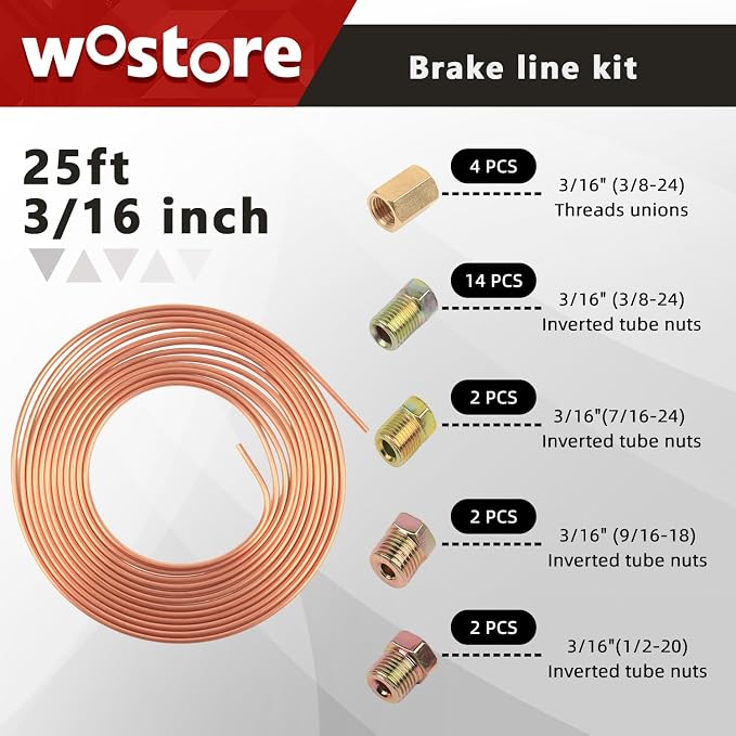 Wostore 25FT Brake Line Kit & Flaring Tool, 24 Brass Fittings, 3/16-5/8" | Double & Single & Bubble flares flaring tool. 25FT 3/16" copper line. Cutter and reamer included. 7 sizes up to 5/8"
