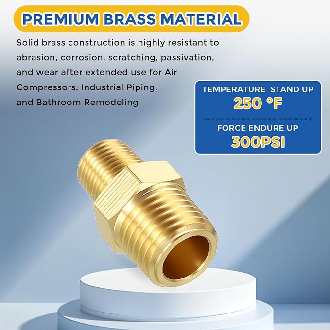 5 Packs Brass Pipe Fittings, 1/4" Male NPT to 1/8" Male NPT | Brass Hex Nipple, Male Pipe Adapter Reducer for Air, Oil, LP