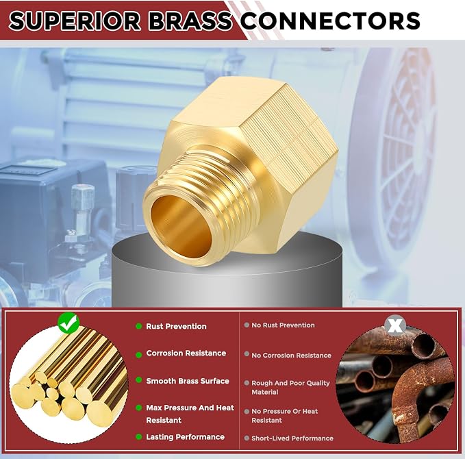 Pack of 2,1/2" NPT FeMale to 3/8" NPT Male Solid Brass Pipe Fittings | Thread Adapter W/ Sealing Tape, Brass Pipe Extension Connectors for Bathroom Remodeling, Tool Extensions