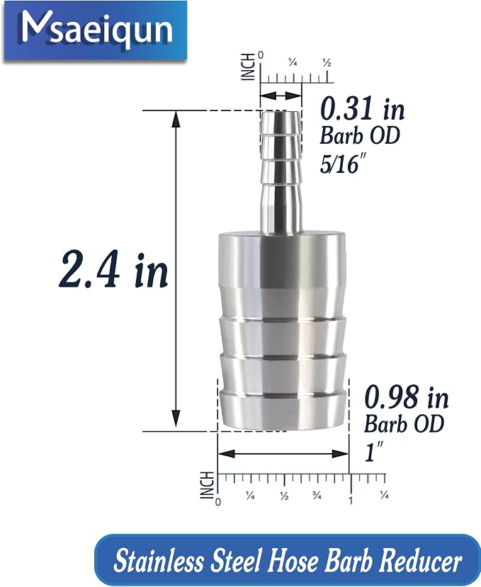 Stainless Steel Hose Barb Reducer 1" (25mm) to 5/16" (8mm) | with stainless steel hose clamps; suitable for pipe, fuel and air line repair, reducing connections and hose splicing 3-Pack