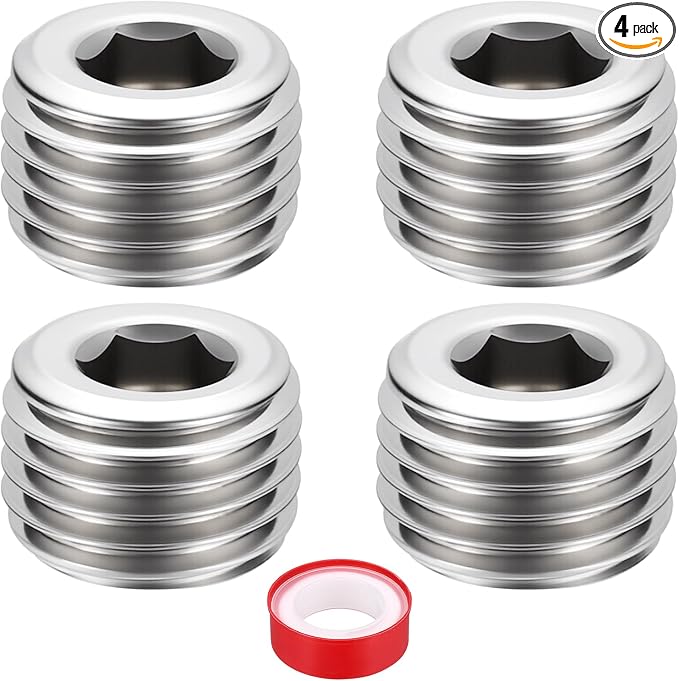 4Pack Hex Head Socket Pipe Plug Fitting M14x1.5mm End Cap Hex Thread | Male Threaded, 304 SS, Pipe Fittings, with W/Tape, for Water Pump Engine Industrial Piping