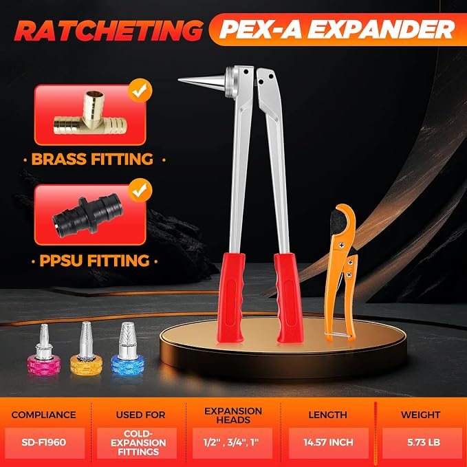 Saker PEX Tube Expansion Tool Kit | PEX-A Expansion Tool with 1/2'', 3/4'',1'' Expansion Heads | Mannual Expander Tool Kit SD-F1960 Standard PEX Coupling | Includes 1/2", 3/4" & 1" Heads, Compatible with PEX-A Tubing, Manual Expansion Tool, SD-F1960 St...