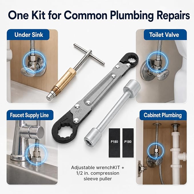 HOLDLY Angle Stop Wrench Kit with 1/2-Inch Compression Sleeve Puller | Slim-Profile Access for Tight Shutoff Valves; Ferrule and Nut Removal for Sink, Toilet and Faucet Supply-Line Repairs