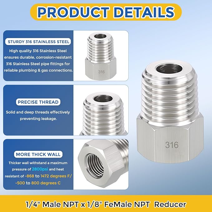 5 Pack SUS316 1/4" Male NPT to 1/8" FeMale NPT Hex Bushing Reducer | 316 Stainless Steel Pipe Fittings, Hose Tube Threaded Adapters with Sealing Tape for Air, Oil, LP, Gas, Fuel, Water