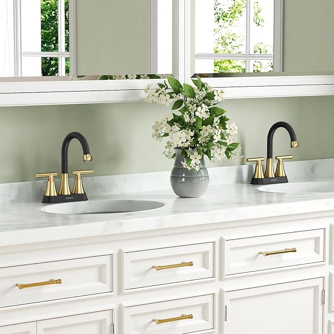 Bathroom Faucet, Hurran 4 inch Centerset 2-Handle Lead-Free, Black&Gold