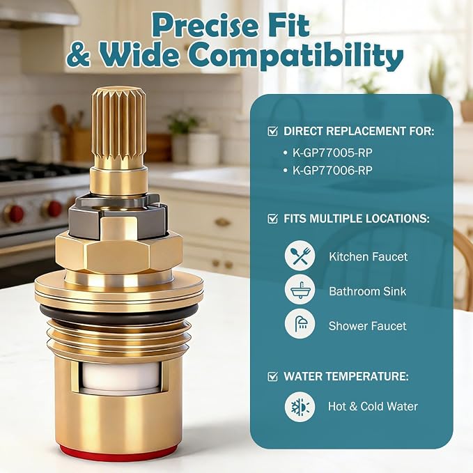 2 Pack Faucet Cartridge Replacement Compatible with Kohler K-GP77005-RP & K-GP77006-RP - Brass Ceramic Cartridge for Kitchen, Bathroom, and Shower Faucets Cold and Hot Water