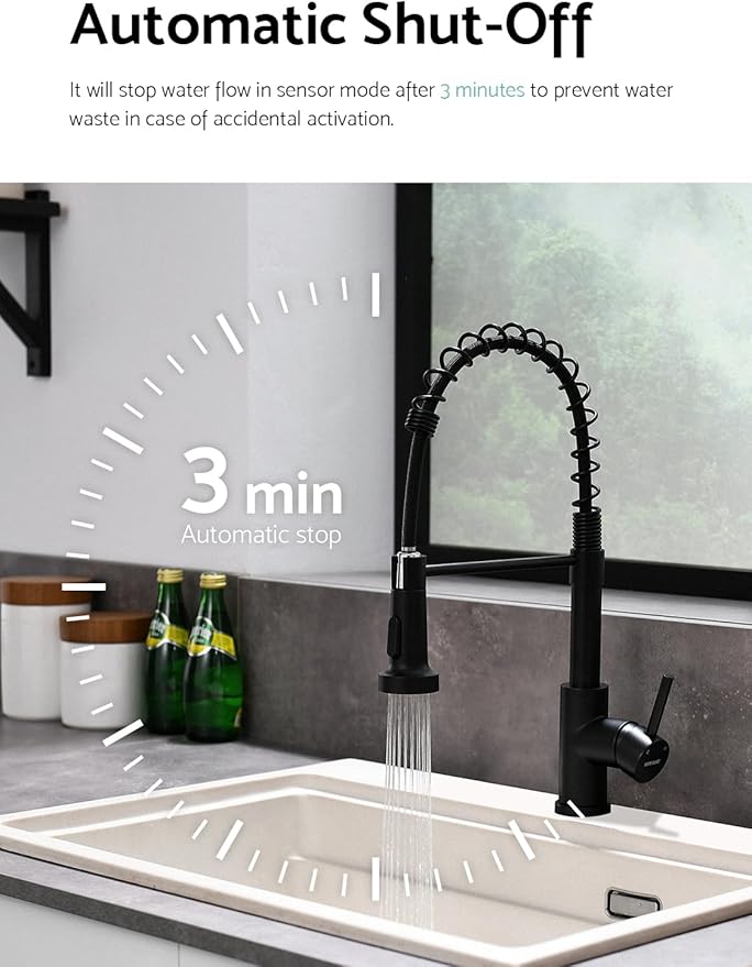 WEWE Touchless Kitchen Faucet, 2-Mode Sprayer, Matte Black, Pull-Down