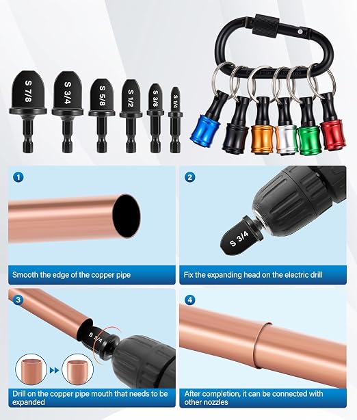 Swaging Tool HVAC Repairing Set with Bit Holder, Portable Copper Tube Pipe Cutter Deburring Tool Kit, Air Conditioner Swage Tools Drill Bit 1/4'' 3/8'' 1/2'' 5/8'' 3/4'' 7/8''