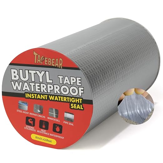 TAPEBEAR Butyl Tape Waterproof Sealing Tape 8inch x16feet Roof Leak Patch | Aluminum Foil Tape Heavy Duty for RV Repair, Awning, Window, Glass & EDPM Boat and Pipe Sealing, Silver, 12Rolls