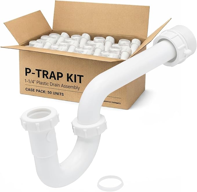 50 Pack 1-1/4 Inch P-Trap Kit, Polypropylene Tubular with PVC Marvel Adapter, Ribbed Threaded Nuts for Strong Leak-Free Connection, Includes J-Bend, Wall Arm & Washers