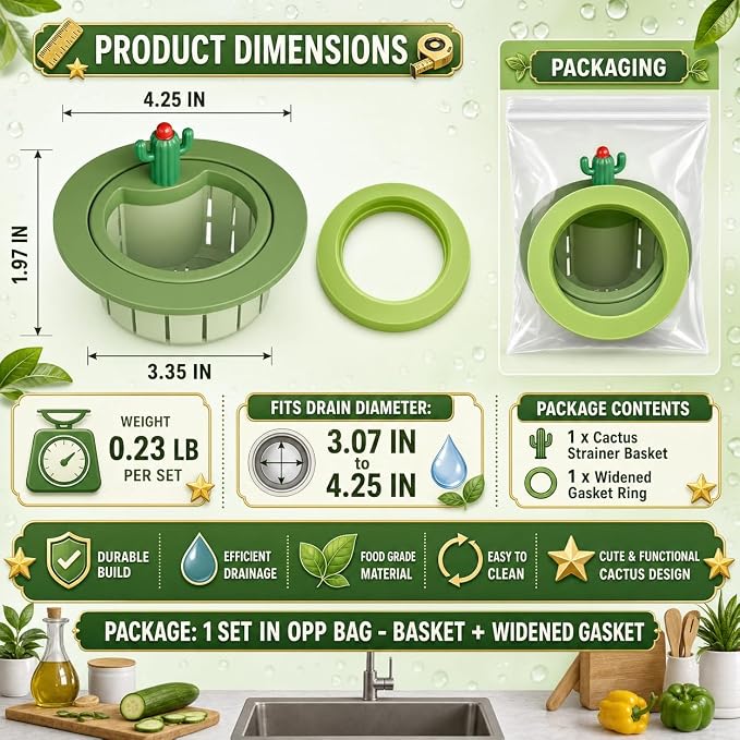 Upgraded Cactus Sink Strainer Basket with Widened Gasket, Green Kitchen Sink Strainer Fits 3.07"-4.25" Drains, Automatic Dumping Sink Filter Basket for Anti-Clog Food Catching (0.11 lbs, 1 Pack)