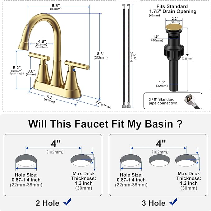 Brushed Gold Bathroom Faucet, Hurran 4 inch Centerset 2-Handle Lead-Free