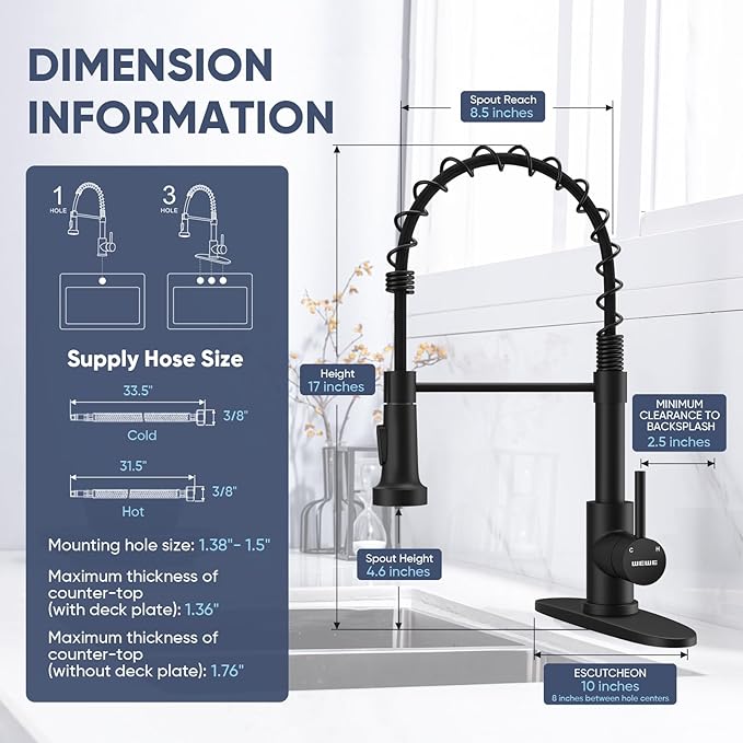 WEWE Black Kitchen Faucet, 2-Mode Sprayer, High Arc Bar Sink Faucet