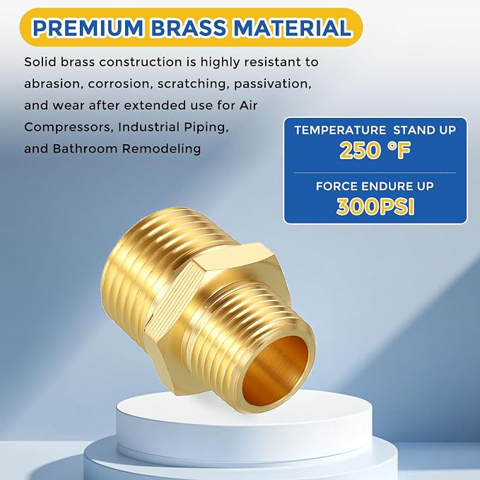8 Pack Brass Pipe Fittings, 1/2" MNPT to 3/8" Male NPT | Brass Hex Nipple W/ Sealing Tape, Male Pipe Adapter Reducer for Air, Oil, LP, Gas
