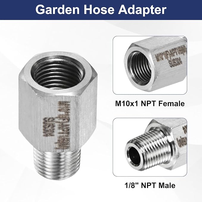 M METERXITY 2-Pack Garden Hose Adapter, Stainless Steel M10x1 NPT Female x 1/8" NPT Male Threaded Connector with Sealing Tape Garden Hose Convert Fitting for Pipe Fitting/Shower