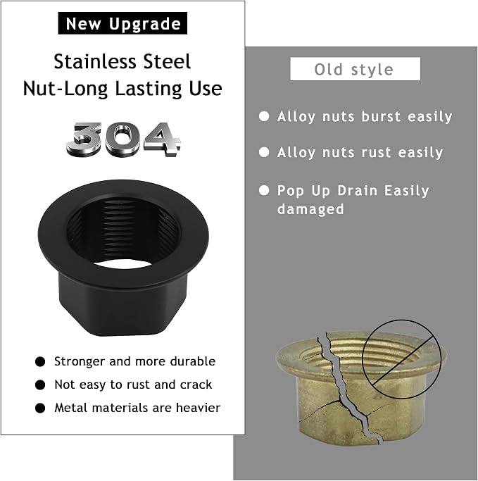 Bathroom Sink Drain,Drain Stopper Bathroom Sink with Overflow,Pop Up Drain Assembly with Detachable Strainer Basket,Built-in Anti-Clogging, Stainless Steel Nut Mattle Black