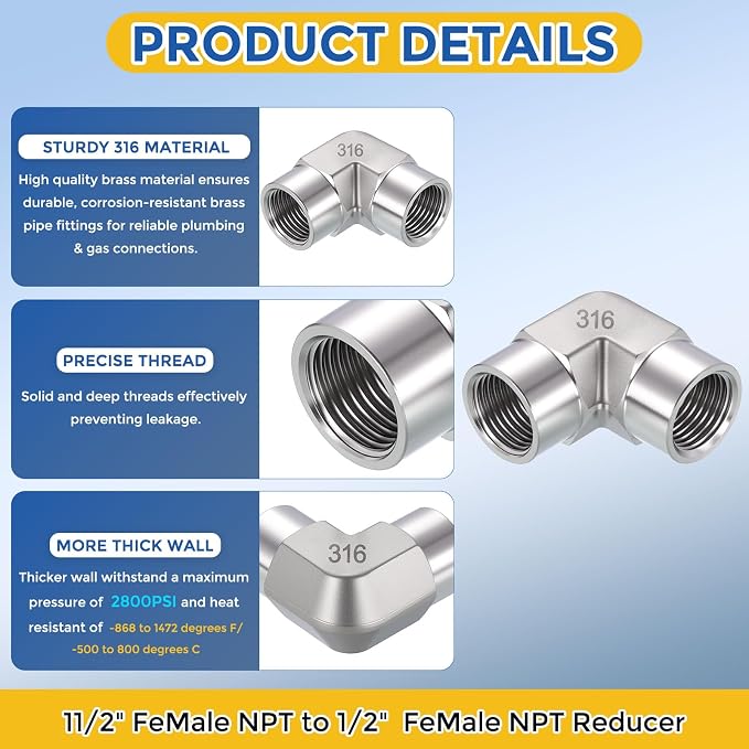 2 Pack SUS316 90 Degree 1/2" FNPT to 1/2" FNPT Barstock Street Elbow | 316 Stainless Steel Pipe Fittings, Forged Pipe Fitting Connector with Sealing Tape for Air, Oil, LP, Gas, Fuel, Water