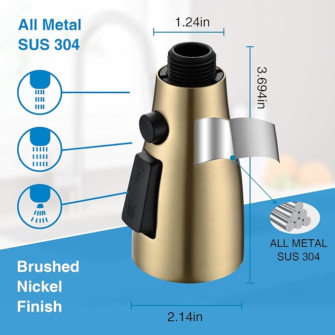 Metal Kitchen Faucet Head Replacement, 3 Functions Kitchen Faucet Head High Pressure, Brushed Gold Pull Down Kitchen Sink Sprayer Replacement with 9 Adapters Compatible with Most Faucets