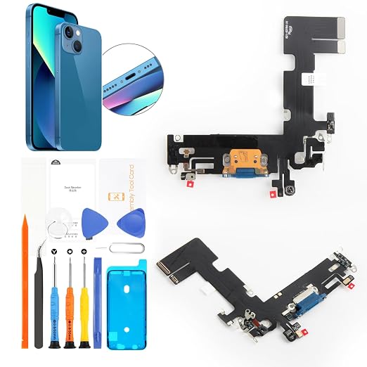 for iPhone 13 Lightning Charging Port Replacement USB Dock Connector Flex Cable Assembly Includes Waterproof Tape & Tool Kit for A2633 A2482 A2631 A2634 A2635 (Blue)