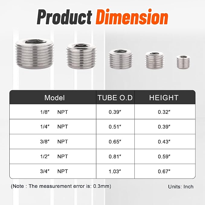 20Pcs Stainless Steel Pipe Socket Plugs,1/8" 1/4" 3/8" 1/2" 3/4" | 304 Stainless Steel NPT Male Thread Internal Hex Socket Pipe Plug Fittings Assortment,5 Sizes