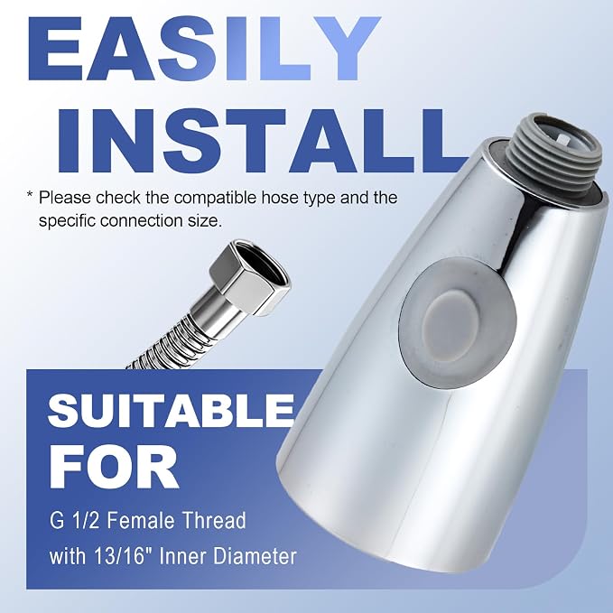 Pull Down Kitchen Faucet Sprayer Head Replacement, G1/2 (13/16" Male Thread) Pull Out Sink Spray Nozzle, 2-Mode Stream & Spray Tap Hose Spout Only, Chrome Finish