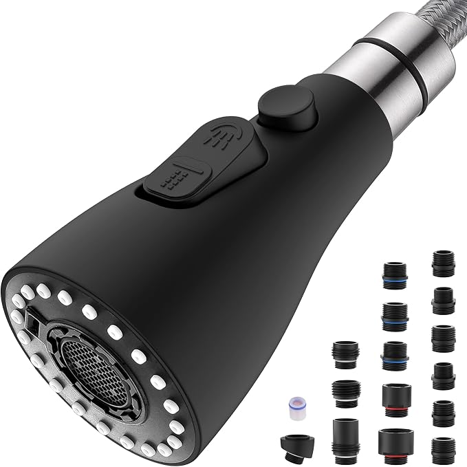 J-HVA Metal Kitchen Faucet Head Replacement with 15 Adapters, Matte Black