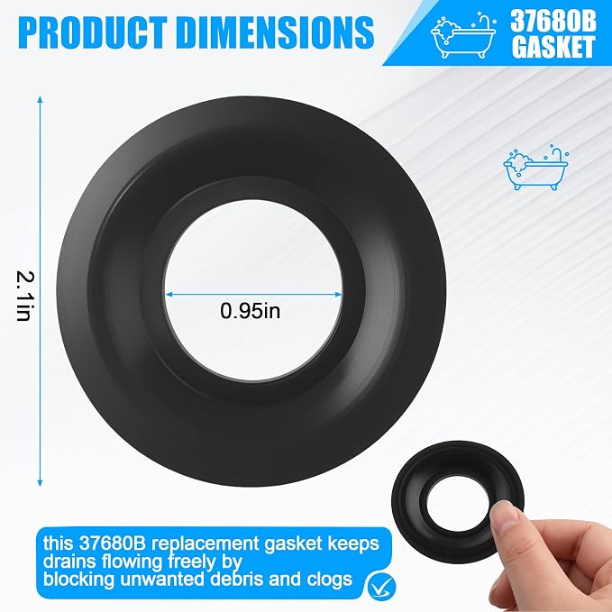 37680B Tub Stopper Gasket for Tub Drain Assemblies, Black, 2-Pack