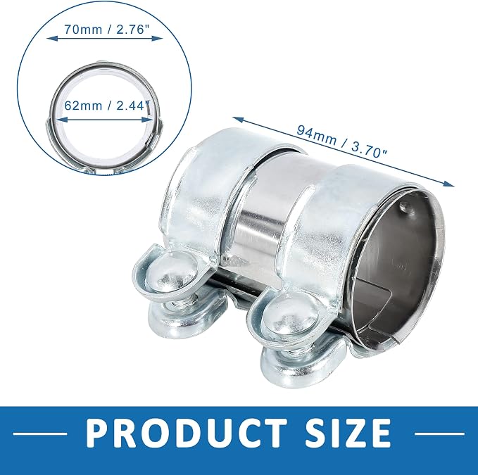 Exhaust Pipe Sleeve Connector Clamp Coupler 12793501 62 x 94 mm Exhaust Band Clamp Sleeve for Volkswagen Jetta 2005-2014 Stainless Steel Silver Tone