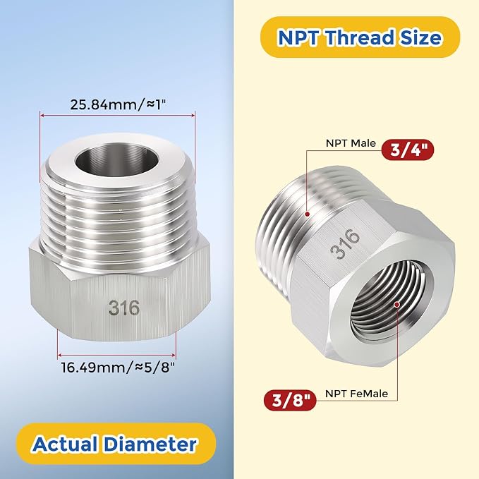 2 Pack SUS316 3/4" Male NPT to 3/8" FeMale NPT Hex Bushing Reducer | 316 Stainless Steel Pipe Fittings, Hose Tube Threaded Adapters with Sealing Tape for Air, Oil, LP, Gas, Fuel, Water