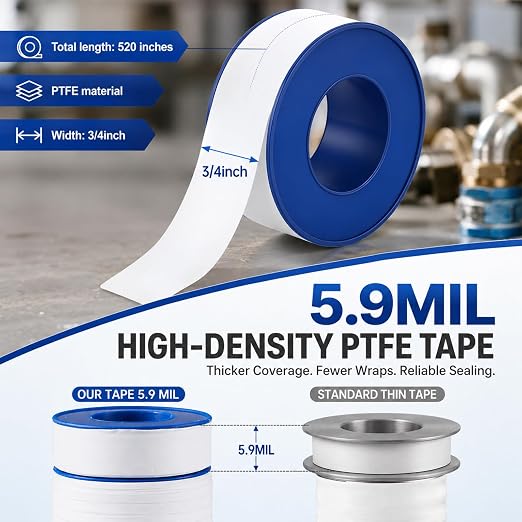 10 Pcs 3/4" x 520" PTFE Thread Seal Tape 5.9 Mil Individual Pack | High Density Plumber Tape for Pipe Fittings, Threaded Connection, Water Line, Bathroom Repair, Waterproof Pipe Thread Sealant