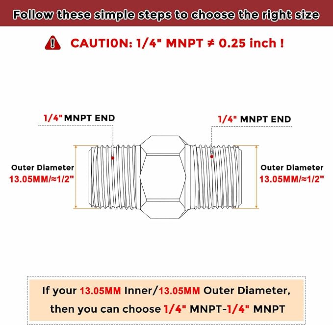 Pack of 3, 1/4" Male NPT To 1/4" Male NPT SUS304 Hex Nipple | Solid Male Pipe Adapter Hose Connectors with Sealing Tape for Pipe Repair, Bathroom Remodel, Tool Extensions, Compression