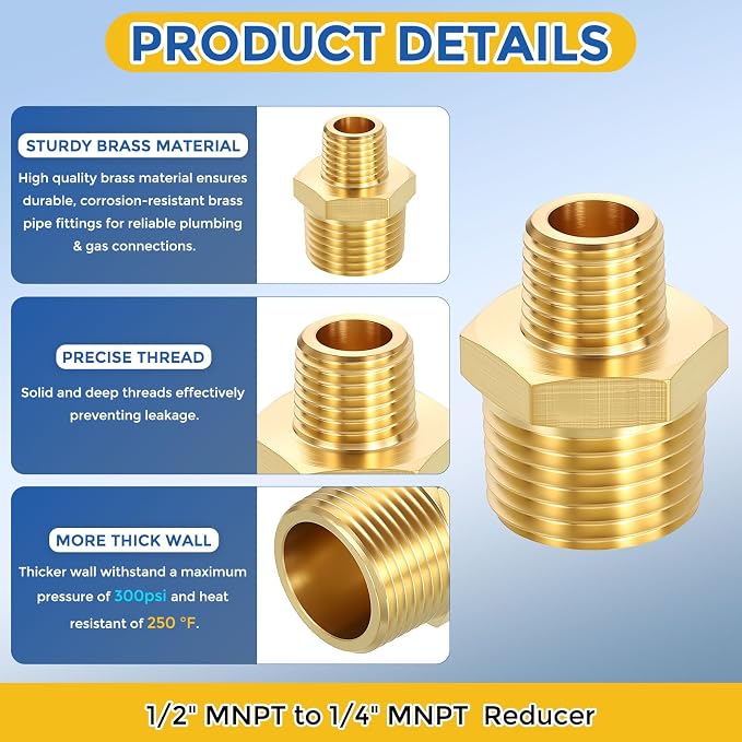 10 Pack Brass Pipe Fittings, 1/2" MNPT to 1/4" Male NPT | Brass Hex Nipple W/ Sealing Tape, Male Pipe Adapter Reducer for Air, Oil, LP, Gas