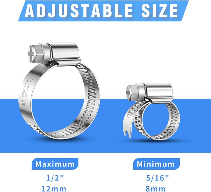 24PCS Heavy Duty Hose Clamps Stainless Steel 304,5/16" Hose Clamp to 1/2" Hose Clamp (8-12mm) Adjustable Worm Gear Drive Small Radiator Hose Clamps,Pipe Clamp for Automotive and Industrial Use