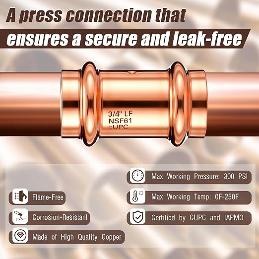 Therwen 10 Pcs Copper Pipe Press Fittings, 3/4 Inch Coupling with Stop Zero Lead, 3/4" Copper Coupling with Stop for Plumbing
