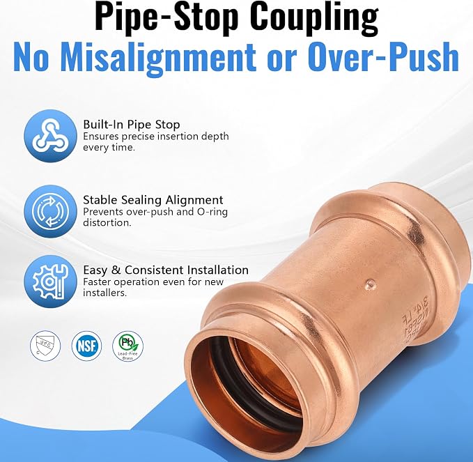 (8-Pack YVSKM) 3/4 Inch Press Fittings Assortment Kit – 2 Tee + 3 Coupling + 3 Elbow with Stop, Zero Lead, Fits 3/4" Pipe Systems for Water Lines, Heating Loops, Repair & Upgrade Projects