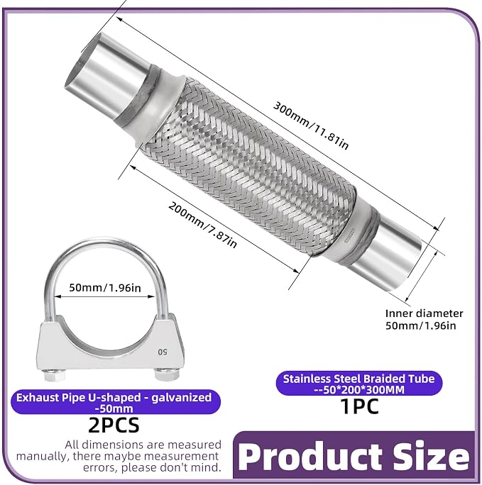 Swpeet 1Pcs 2 X 7.9 Inches Exhaust Flex Pipe with 2 Inches Exhaust U Clamp Kit, Universal Type Stainless Steel Double Braid Zinc Pipe Exhaust Flex Tube Ideal for Heavy Duty and Cars