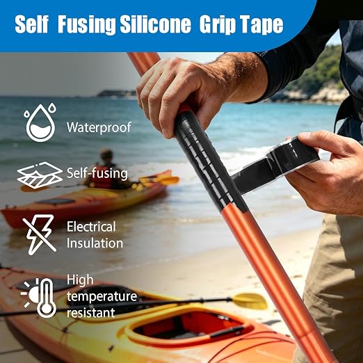 Black 12ft Self-Fusing Silicone Grip Tape | Non Slip Rubber Wrap Tape for Kayak Paddles, Pull Up Bar, Bike Handles, Gym Equipment, Fishing Rod, Tool Grips