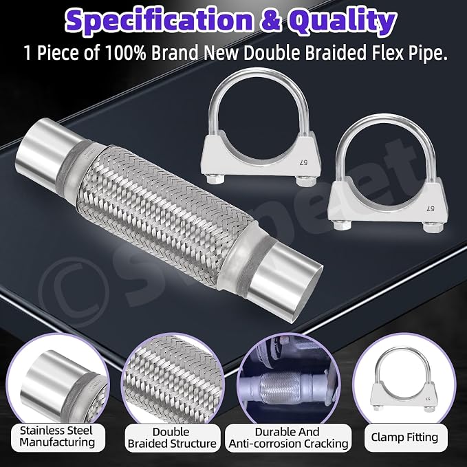 Swpeet 1Pcs 2 X 7.9 Inches Exhaust Flex Pipe with 2 Inches Exhaust U Clamp Kit, Universal Type Stainless Steel Double Braid Zinc Pipe Exhaust Flex Tube Ideal for Heavy Duty and Cars
