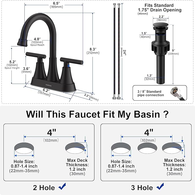 Matte Black Bathroom Faucet, Hurran 4 inch Centerset 2-Handle Lead-Free