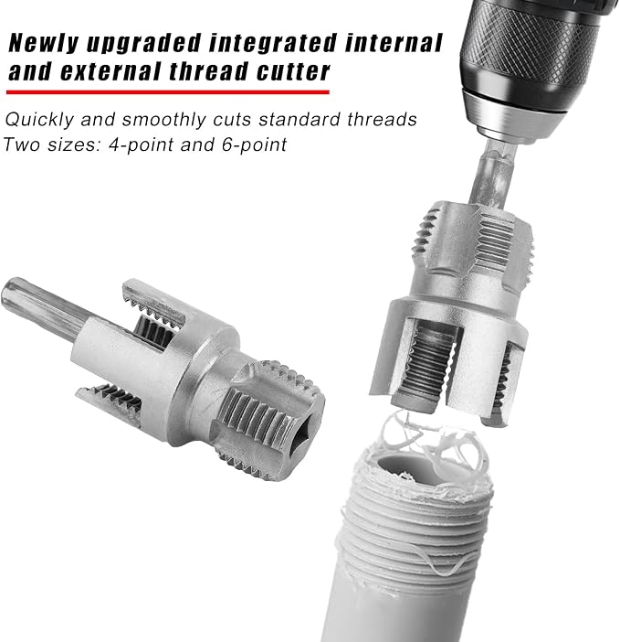 2pcs PVC Pipe Threading Threader Tool Kit, Integrated Internal & External Pipe Thread Cutting Tool with 1/2'' & 3/4'' Dies Set with 2 Roll Seal Raw Tapes for Electric Drill