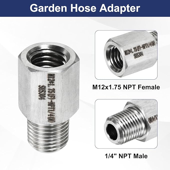 M METERXITY 2-Pack Garden Hose Adapter, Stainless Steel M12x1.75 NPT Female x 1/4" NPT Male Threaded Connector with Sealing Tape Garden Hose Convert Fitting for Pipe Fitting/Shower