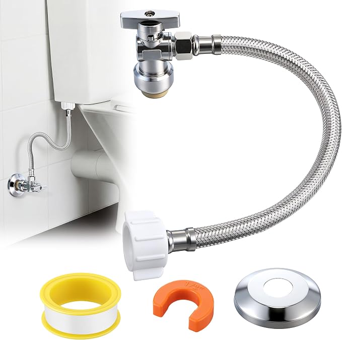 Toilet Shut Off Valve 1/2" PTC x 3/8" OD Compression 12" Supply Line kit | Complete Toilet Connector Water Line Kit with 12'' L 3/8" COMP x 7/8" OD Toilet Supply Line,Escutcheon Plate,Disconnect Clip